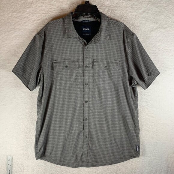 PrAna Men's Gray Garvan Short Sleeve Checkered Pattern Button Up Shirt Size XL - Picture 1 of 10